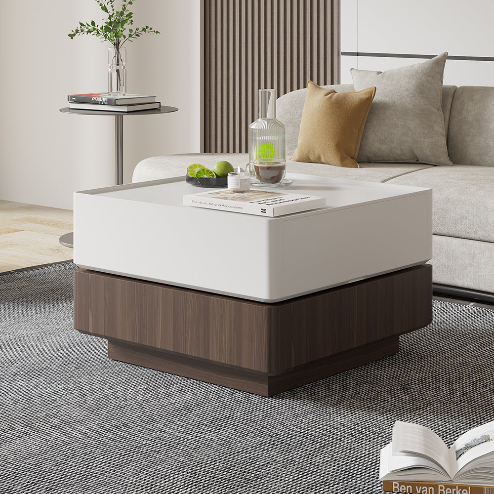 Japandi Square Swivel Rotating Coffee Table with 2 Drawers in White & Walnut