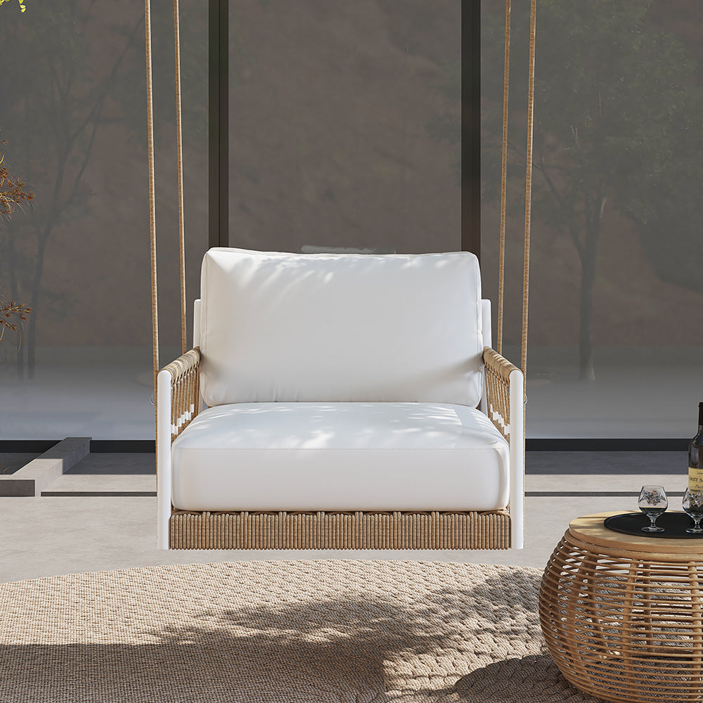 Ropipe Boho Khaki Hand Woven Rope Outdoor Patio 2-Seater Swing Sofa Arm Chair with White Cushion 529Lb. Weight Capacity