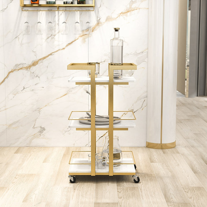 3-Tier Rectangular Rolling Bar Cart with Wheels Gold White Marble Shelves