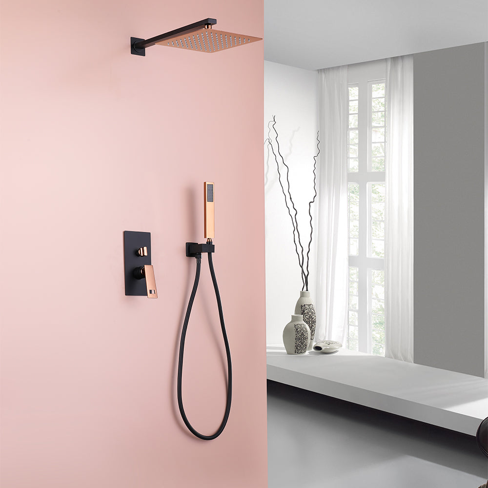 Wall-Mount Shower Set 250mm Rainfall Shower Head with Hand Shower Black & Rose Gold