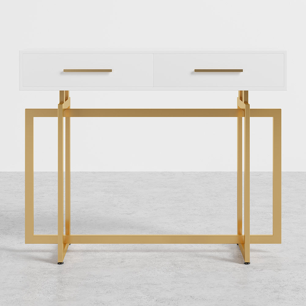 1200mm Narrow Console Table with Storage Drawers White Entryway Table with Metal Legs