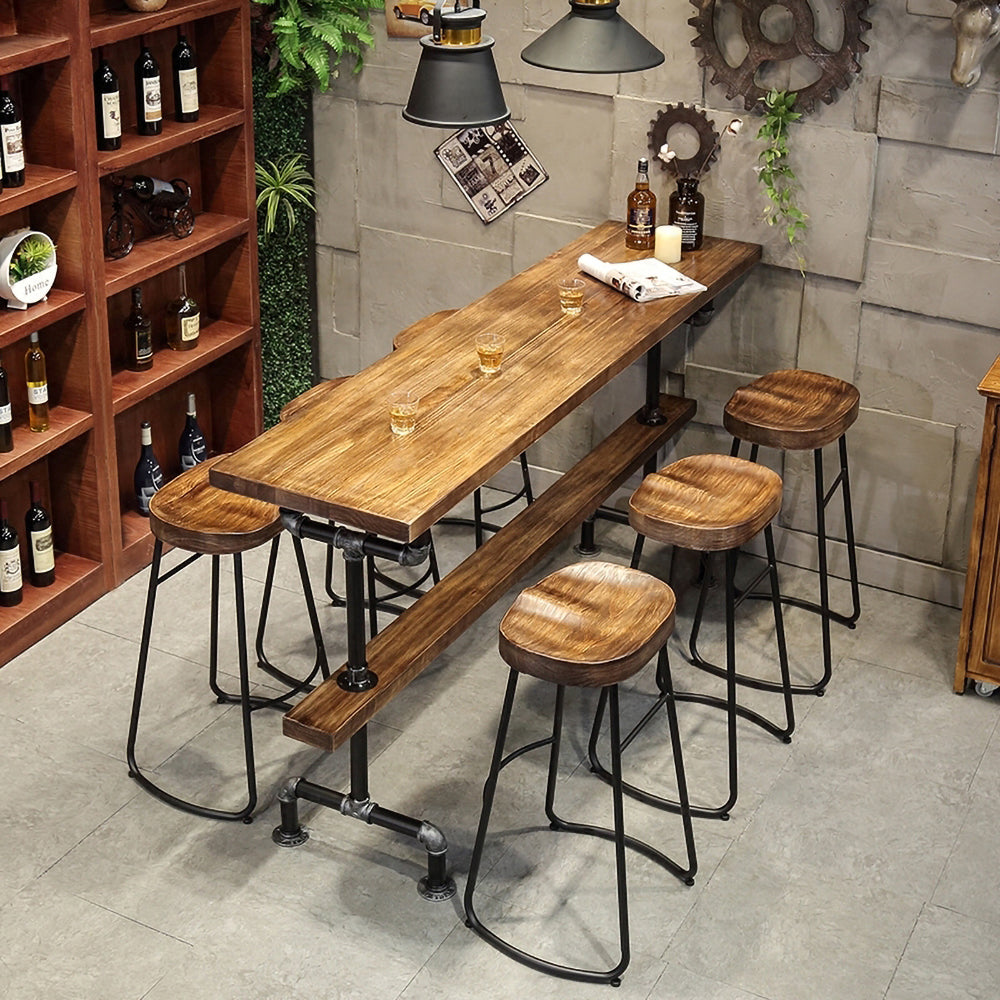 Industrial Long Bar Height Table Set for 6 Wooden 7 Piece Breakfast Table and Bar Stools with Footrest