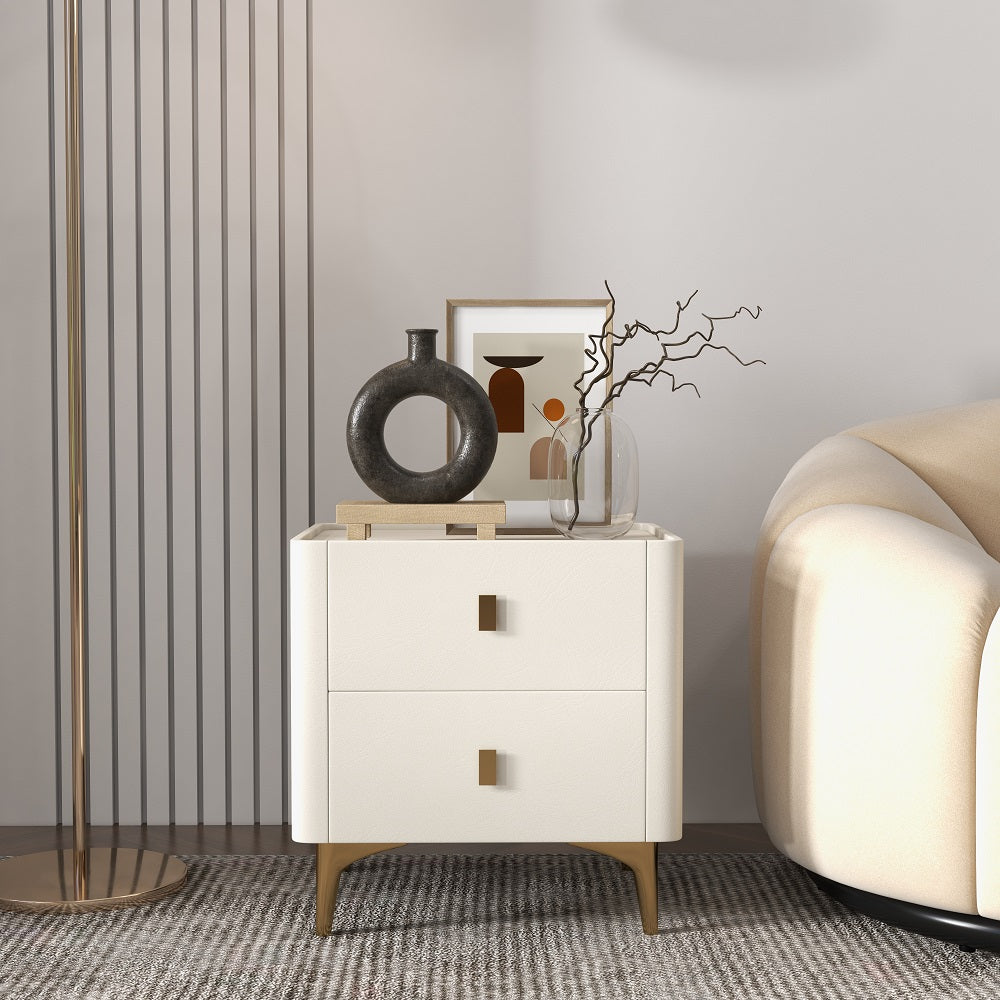 Modern Off White Nightstand 2-Drawer Bedside Cabinet with Sintered Stone Top