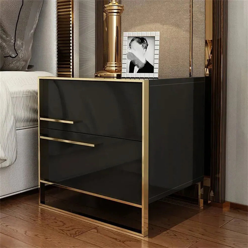 Cylina Modern 2 Drawers Black Lacquer Nightstand Square Bedside Table in Gold, Left