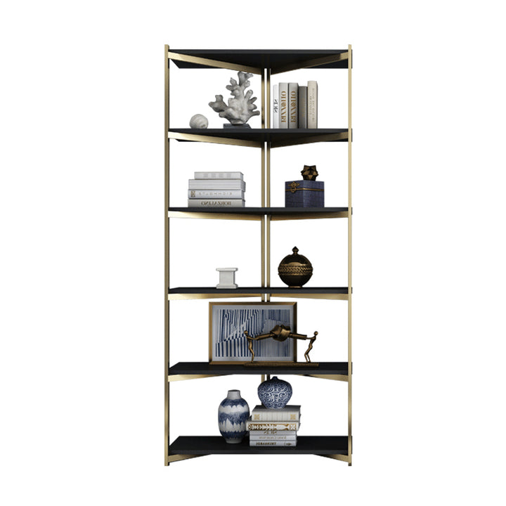 Modern Gold & Black 5-Tier Corner Shelf with Metal Frame & Eco-Board Bookshelf