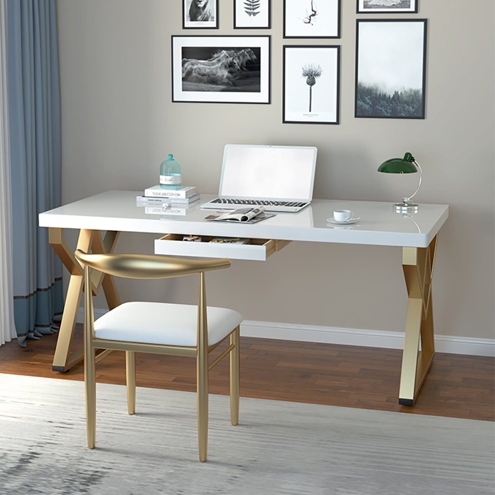 1200mm Modern Rectangular White Writing Desk Metal Base Wooden Home Office Desk with Drawer