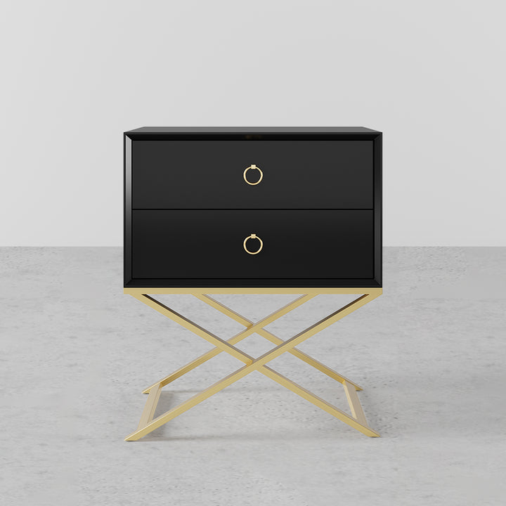 500mm Modern Black Bedside Table with 2 Drawers X-Shaped Pedestal