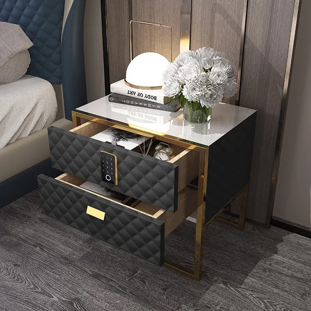 Black 2 Drawers Bedroom Nightstand with Electronic Lock Stainless Steel Base