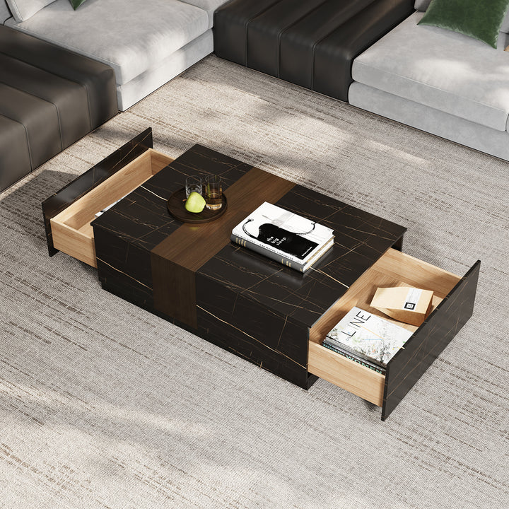 47.2" Vewal Wood Block Coffee Table Marble & Walnut Veneer in Black with 2 Drawers