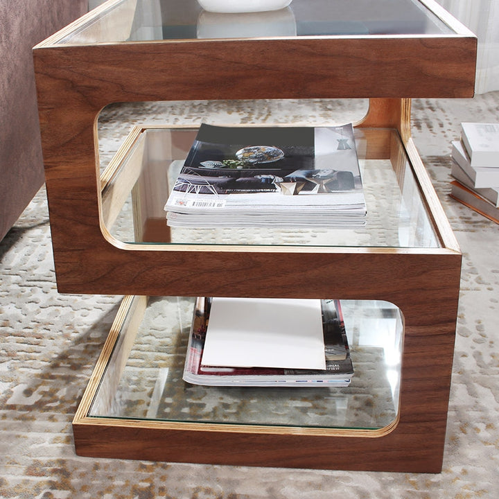 Modern Glass Side Table with 3 Tiers S-shaped End Table in Walnut