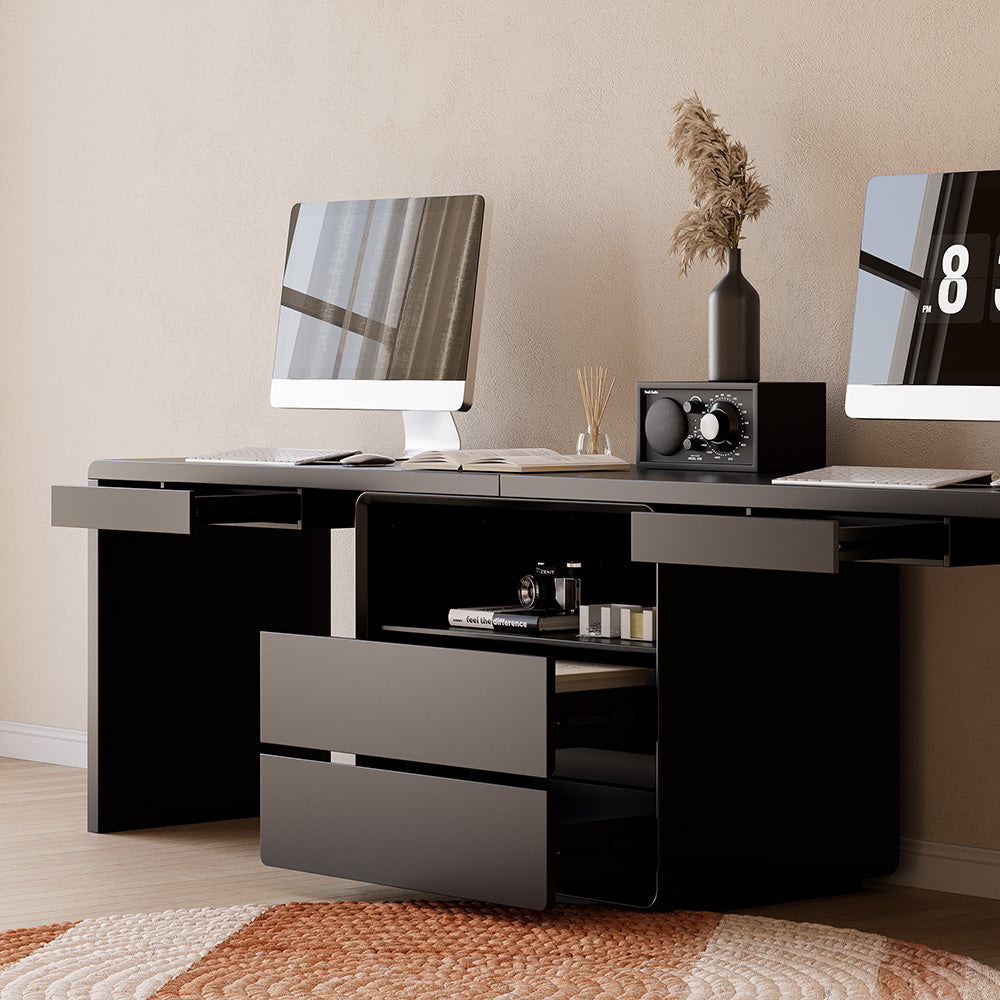 2-Person Double Computer Desk Modern Black Retangular Office Desk with 4 Drawers & 1 Cabinet (2400mm )