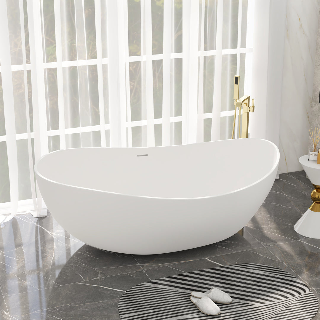 70" Contemporary Oval Freestanding Stone Resin Soaking Bathtub in Matte White