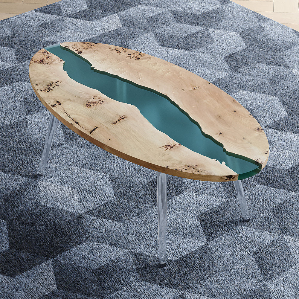 Modern Natural Oval Coffee Table with Solid Wood & Resin Tabletop & Acrylic Legs