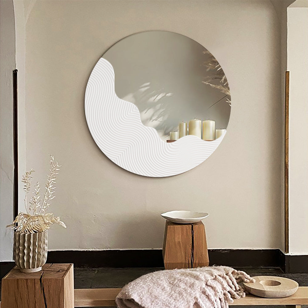 600mm Round White Japandi Wave Textured Wall Mirror Decor Art Living Room Bedroom