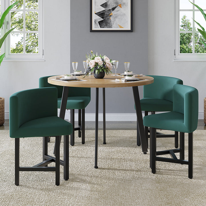 40" Round Wooden Nesting Dining Table Set for 4 Green Upholstered Chairs