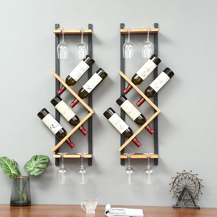 Modern Wall Mounted Wood Wine Rack 4-Bottle & 4 Wine Glass Rack Stemware Holder Rack