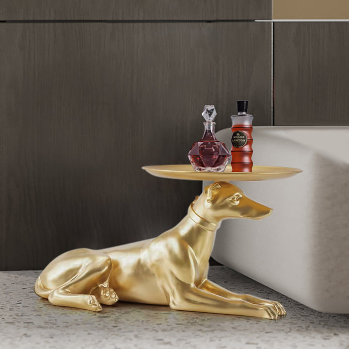 Modern Dog Side Table Floor Resin Figurine with Tray Top in Gold