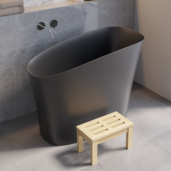 47" Japanese Oblique Deep Bathtub Freestanding Matte Black Stone Resin Modern Soaking Tub