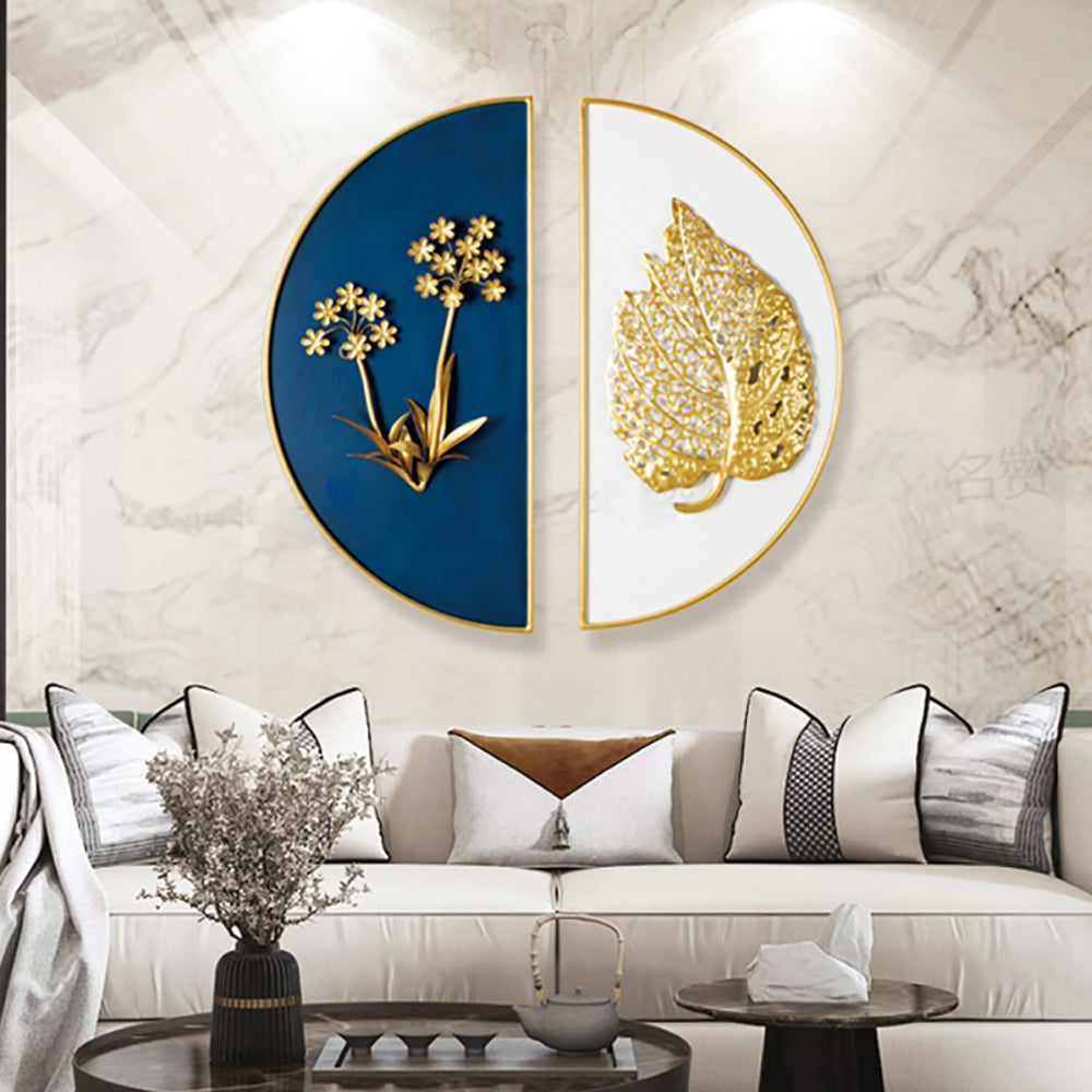 2 Pieces Glam Metal Bedroom Wall Decor Home Art in Blue & Gold with Semi-Circle Design