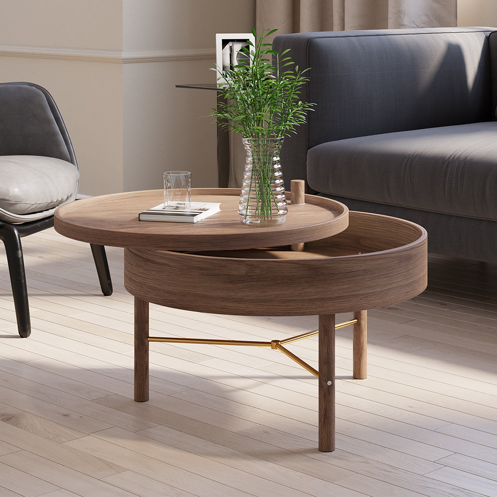 Modern Round Wood Rotating Tray Coffee Table with Storage & Metal Legs in Walnut