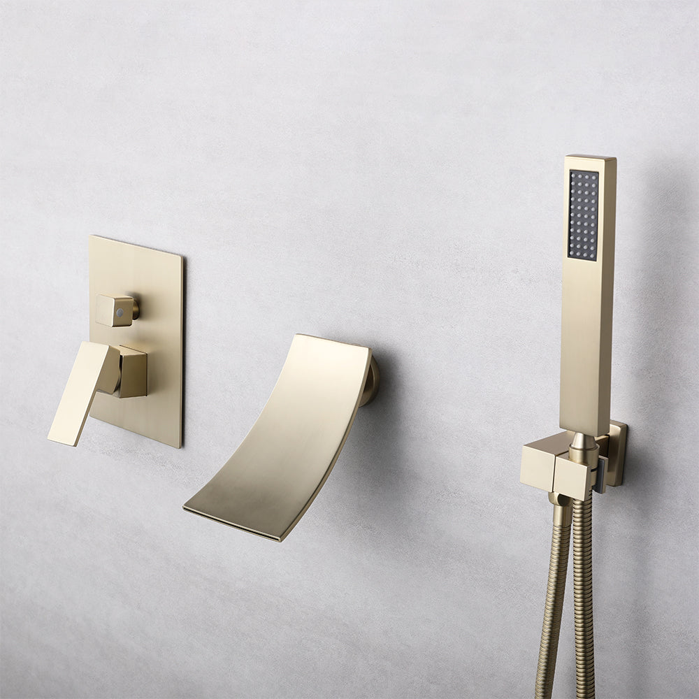 Shoop Waterfall Wall-Mount Bath Mixer Tap Single Lever Handle & Handshower Burshed Gold