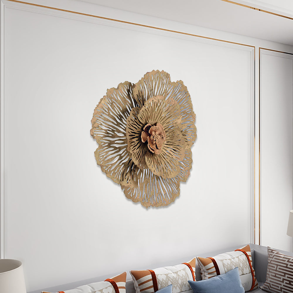 Modern Hollow-Out Peony Flower Gold Pendant Sofa Background Metal Wall Decor