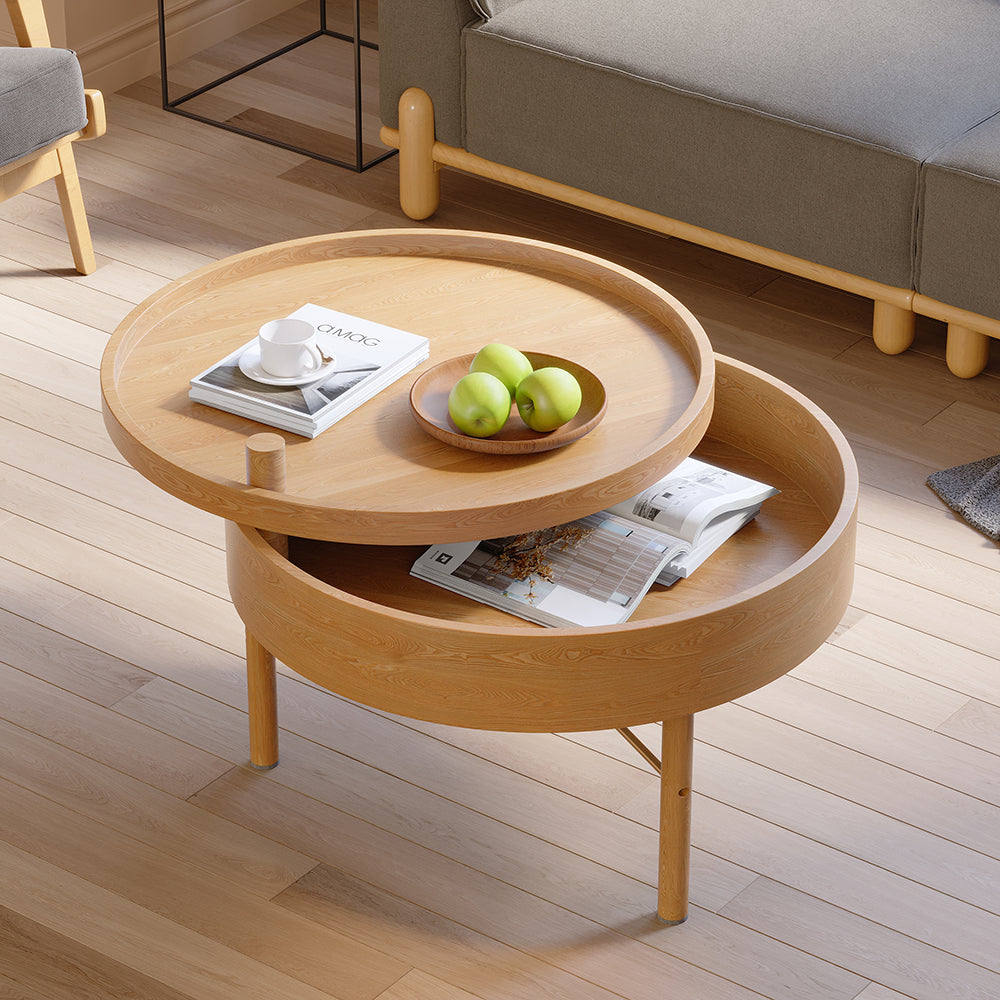 Modern Round Wood Rotating Tray Coffee Table with Storage & Metal Legs in Natural