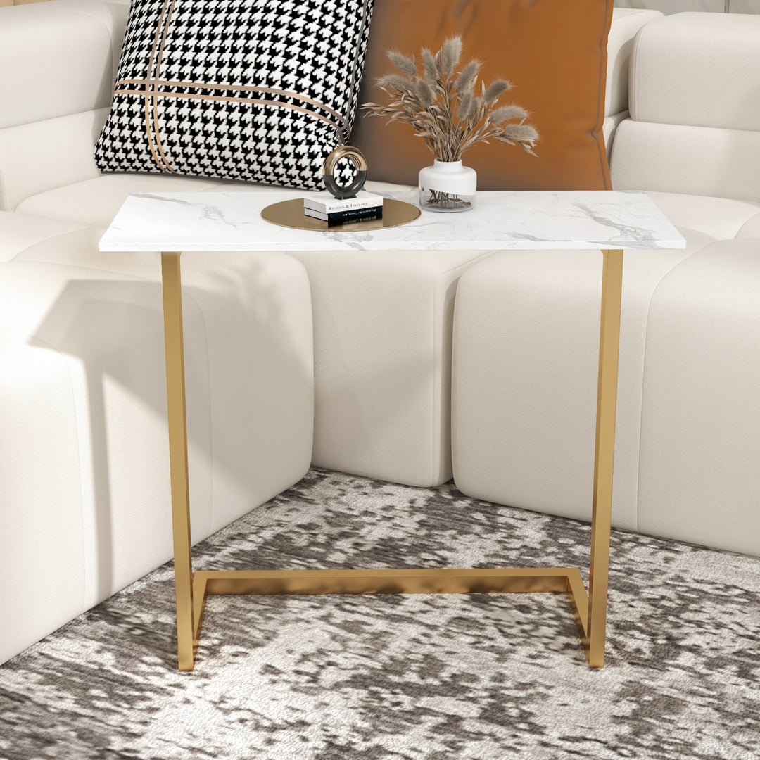 Homary White End Table with Sintered Stone Tabletop Modern Rectangular Side Table