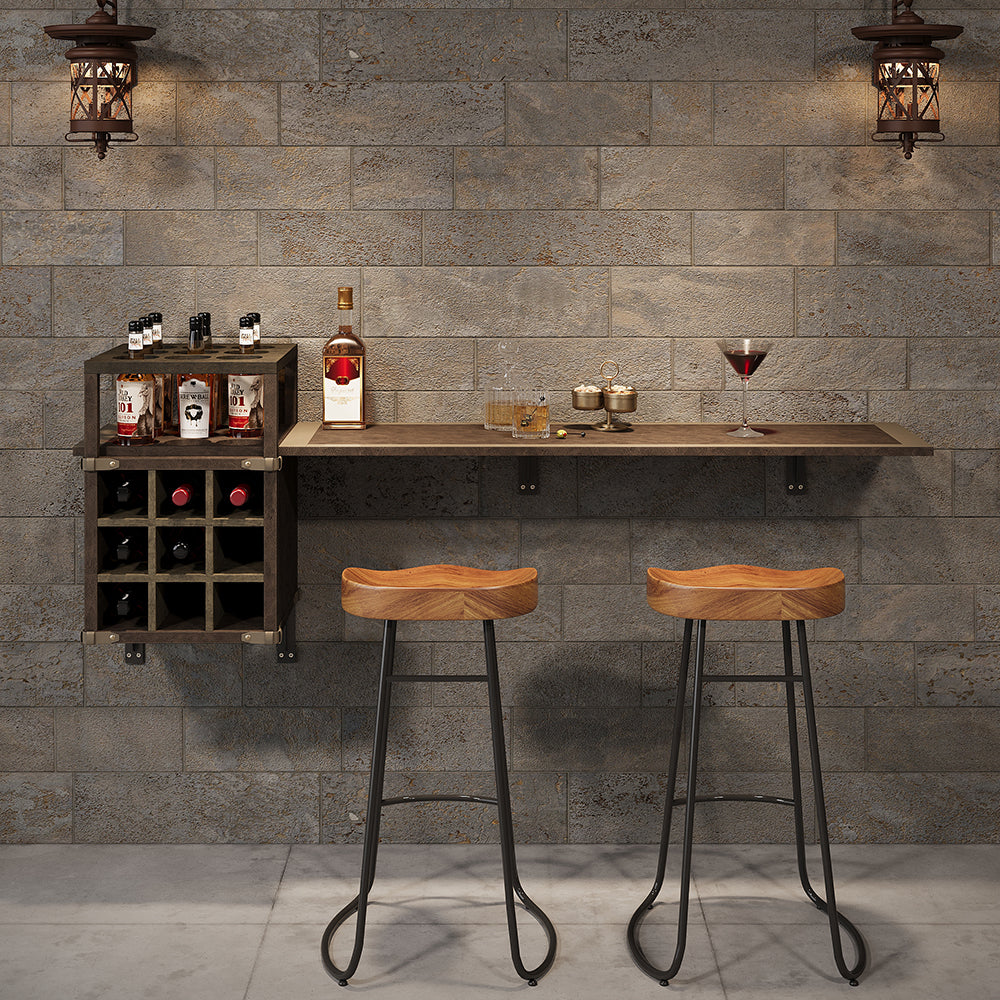 1805mm Wall Mounted Bar Table with Wine Bottle Storage Brown Faux Leather Wood Pub Table