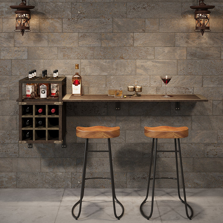 1805mm Wall Mounted Bar Table with Wine Bottle Storage Brown Faux Leather Wood Pub Table