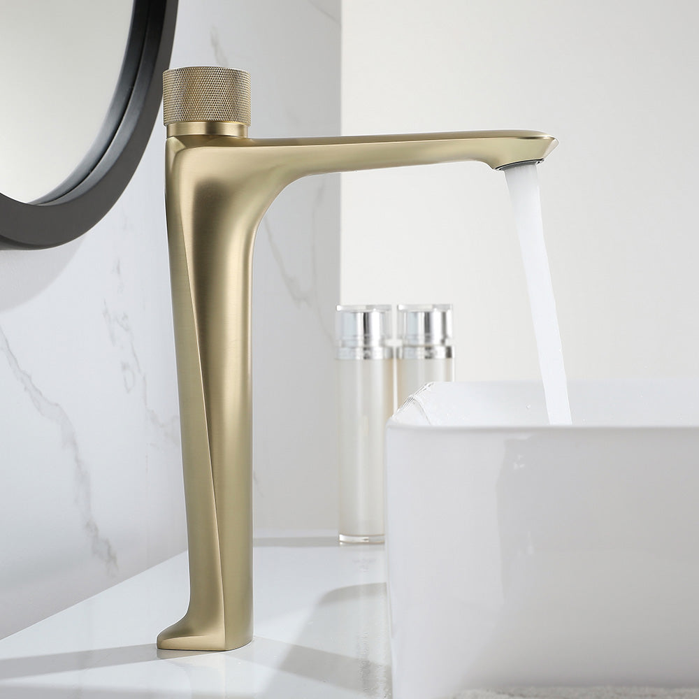 Brushed Gold Modern Bathroom Single Hole Faucet Vessel Faucet with Press Button