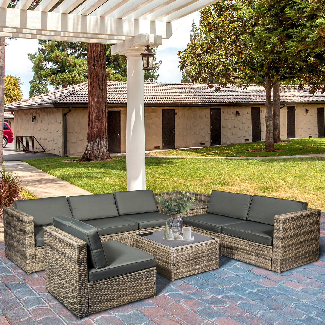 6-Seater Outdoor Rattan Wicker Sofa Set with Hidden Storage Side Table and Cushions