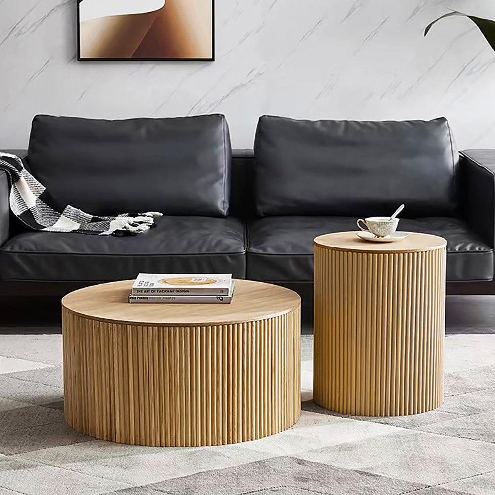 Japandi Round Wood Coffee Table Set of 2 with Storage in Natural