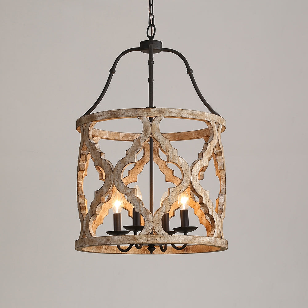 Rustic Distressed Carved Wood 4-Light Lantern Chandelier in Rust