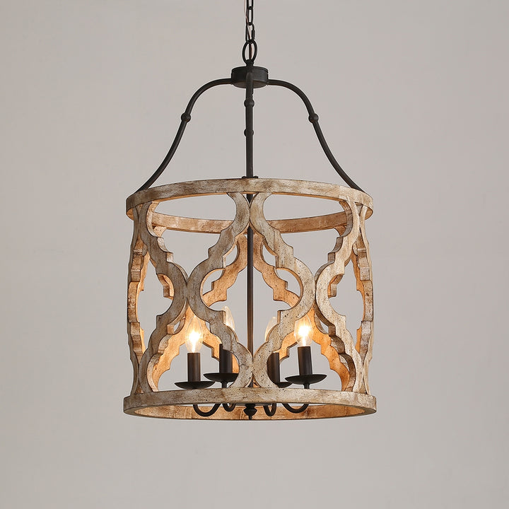 Rustic Distressed Carved Wood 4-Light Lantern Chandelier in Rust