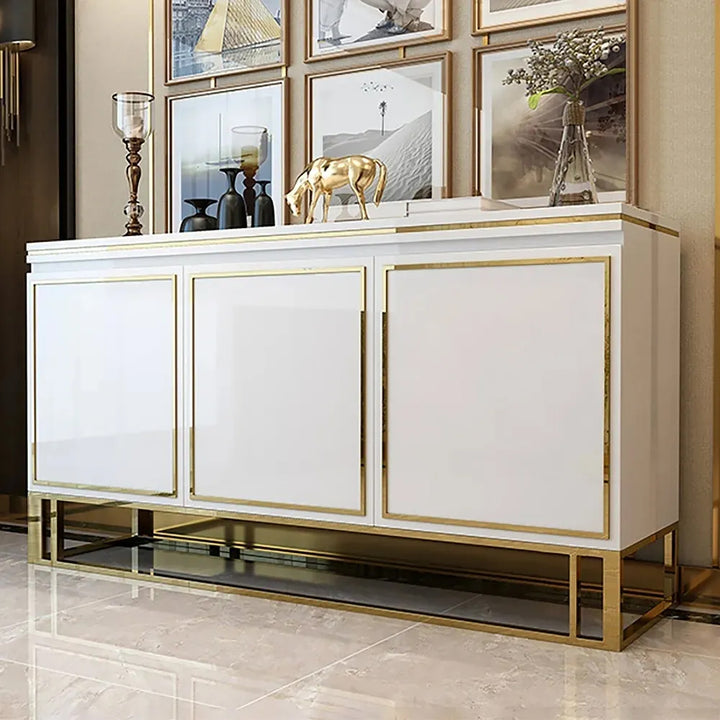 Medally 1500mm White Wood Sideboard Buffet Cabinet with Storage 3 Doors Gold Base