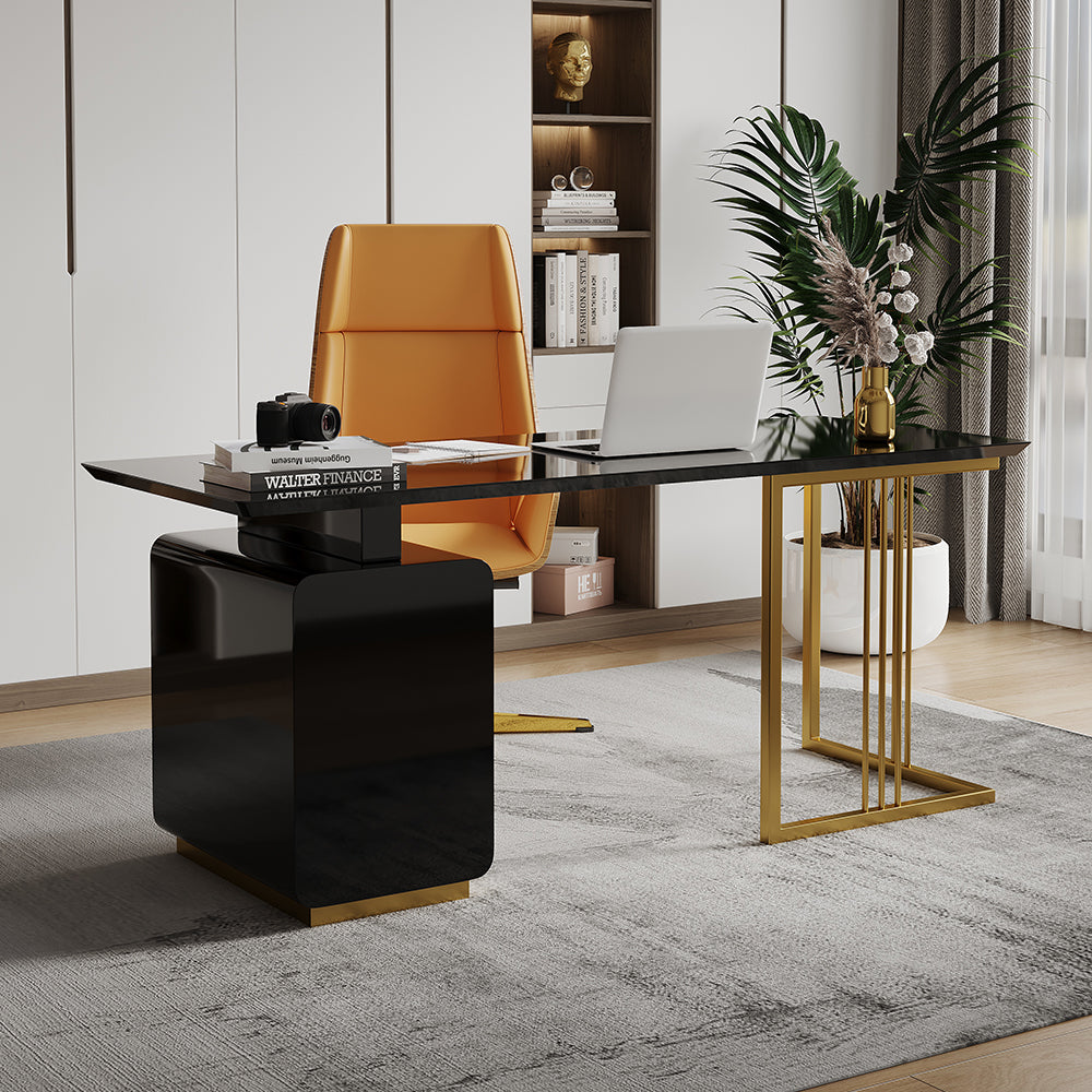 1800mm Modern Black Writing Desk with Drawers & File Cabinet in Gold Base