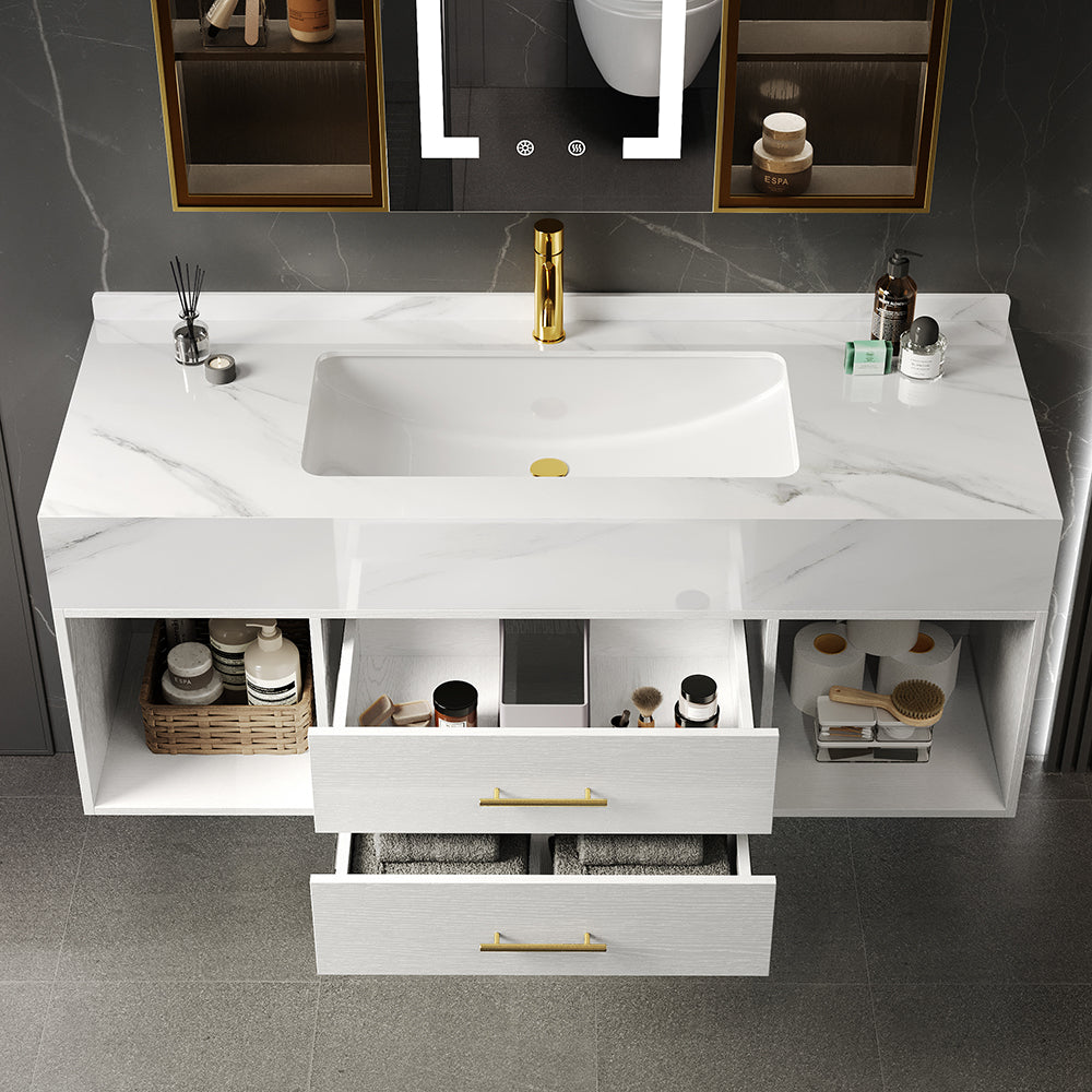 39.4" Floating Bathroom Vanity White with Cultured Marble Vessel Sink with 2 Drawers