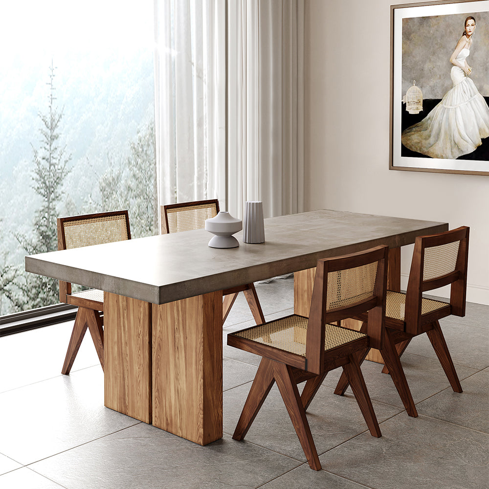 1600mm Farmhouse Natural Wooden Dining Table & 6 Walnut Japandi Rattan Dining Chairs