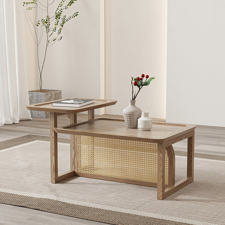 Modern 2 Piece Nesting Rattan Wood Coffee Table Set in Natural