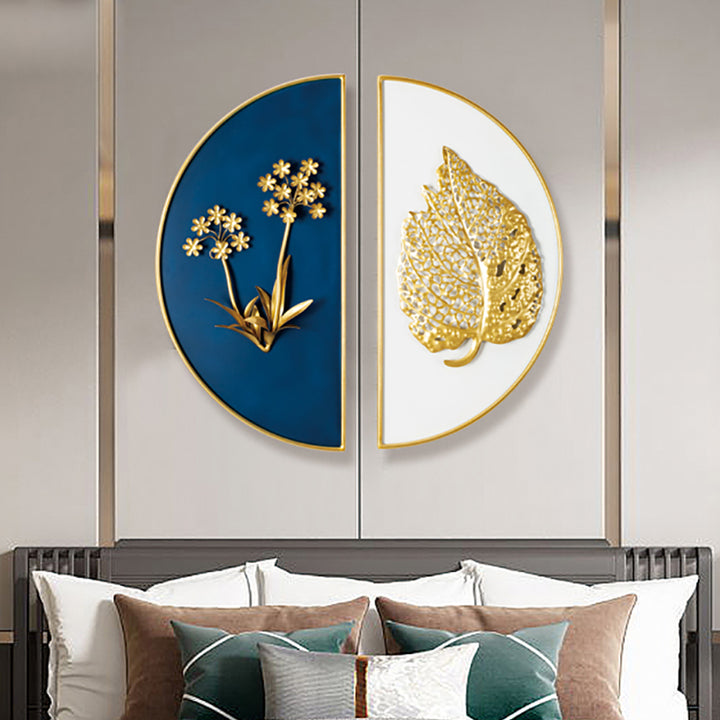 2 Pieces Glam Metal Bedroom Wall Decor Home Art in Blue & Gold with Semi-Circle Design