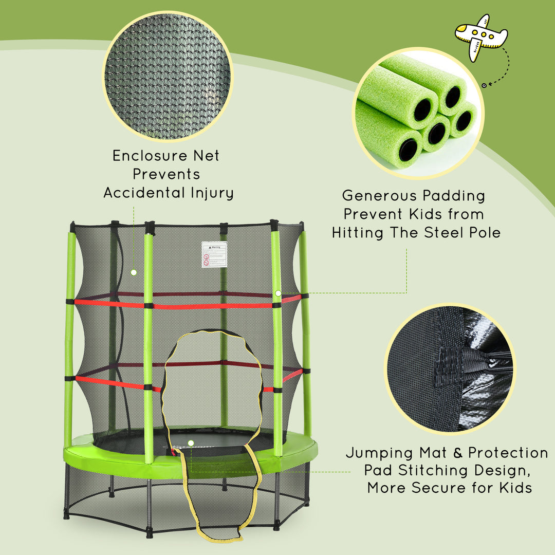 5.2FT/63 Inch Kids Trampoline with Enclosure Net Steel Frame Indoor Round Bouncer Rebounder Age 3 to 6 Years Old Green