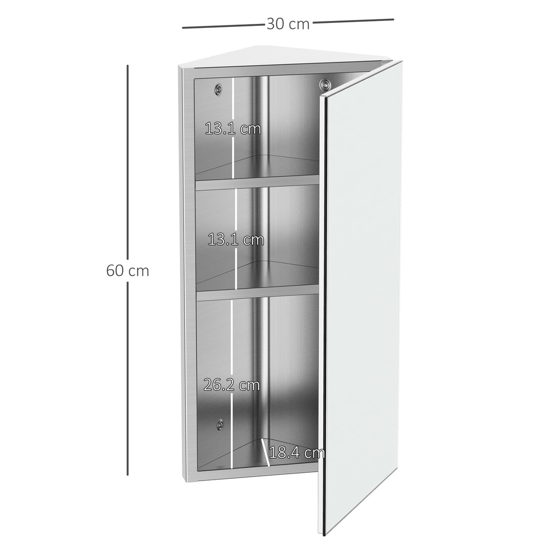 HOMCOM Stainless Mirror Cabinet, Steel Wall Mounted, Bathroom Corner Mirror Storage Cabinet, Single Door 300mm(W), Silver Aosom UK