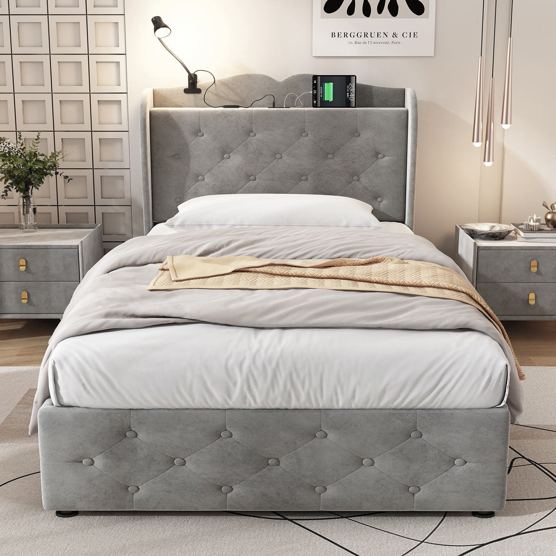 Single Velvet Upholstered Storage Bed with 4 Drawers