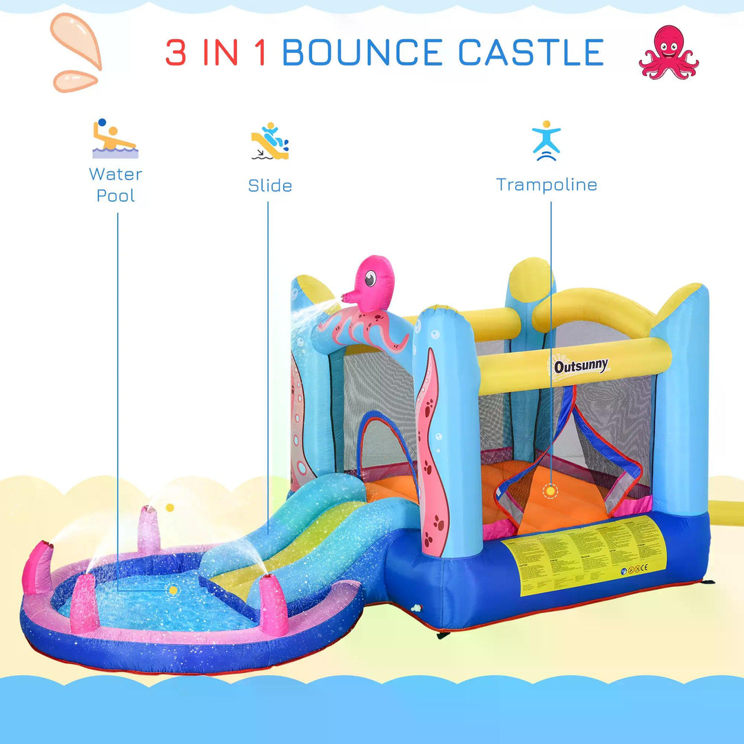 Kids Bounce Castle House Inflatable Trampoline Slide Water Pool 3 in 1 with Inflator for Kids Age 3-12 Octopus Design 3.8 x 2 x 1.8m