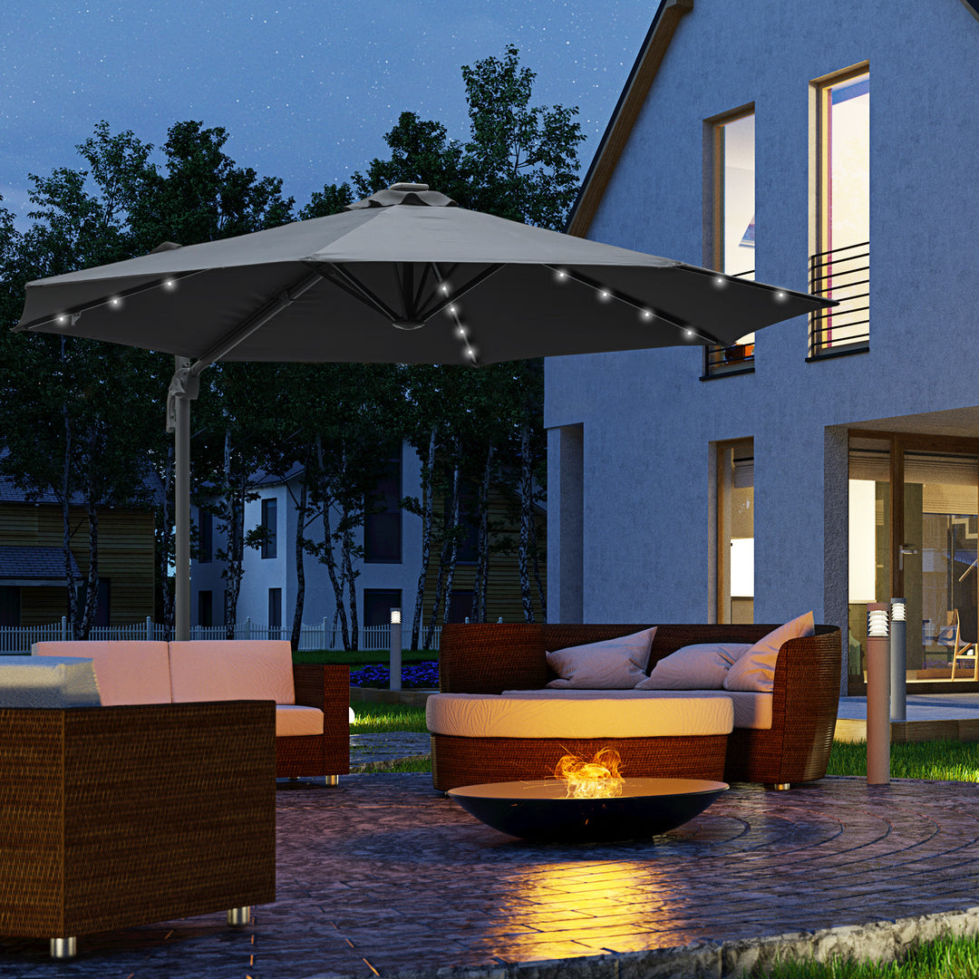 3(m) Square Outdoor Umbrella Patio Sun Umbrella with Crank & Tilt LED Solar Light Cross Base 360° Rotating Outdoor