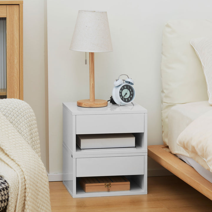 2 Pieces White Bedside Cabinets w/ Slide-out Drawers and Bottom Shelves