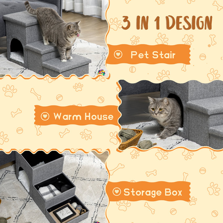 Dog Steps 3-step Pet Stairs with Kitten House and 2 Storage Boxes