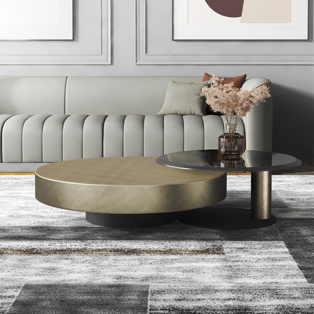 Modern Gold & Black 2-Piece Round Nesting Coffee Table Set with Tempered Glass Top