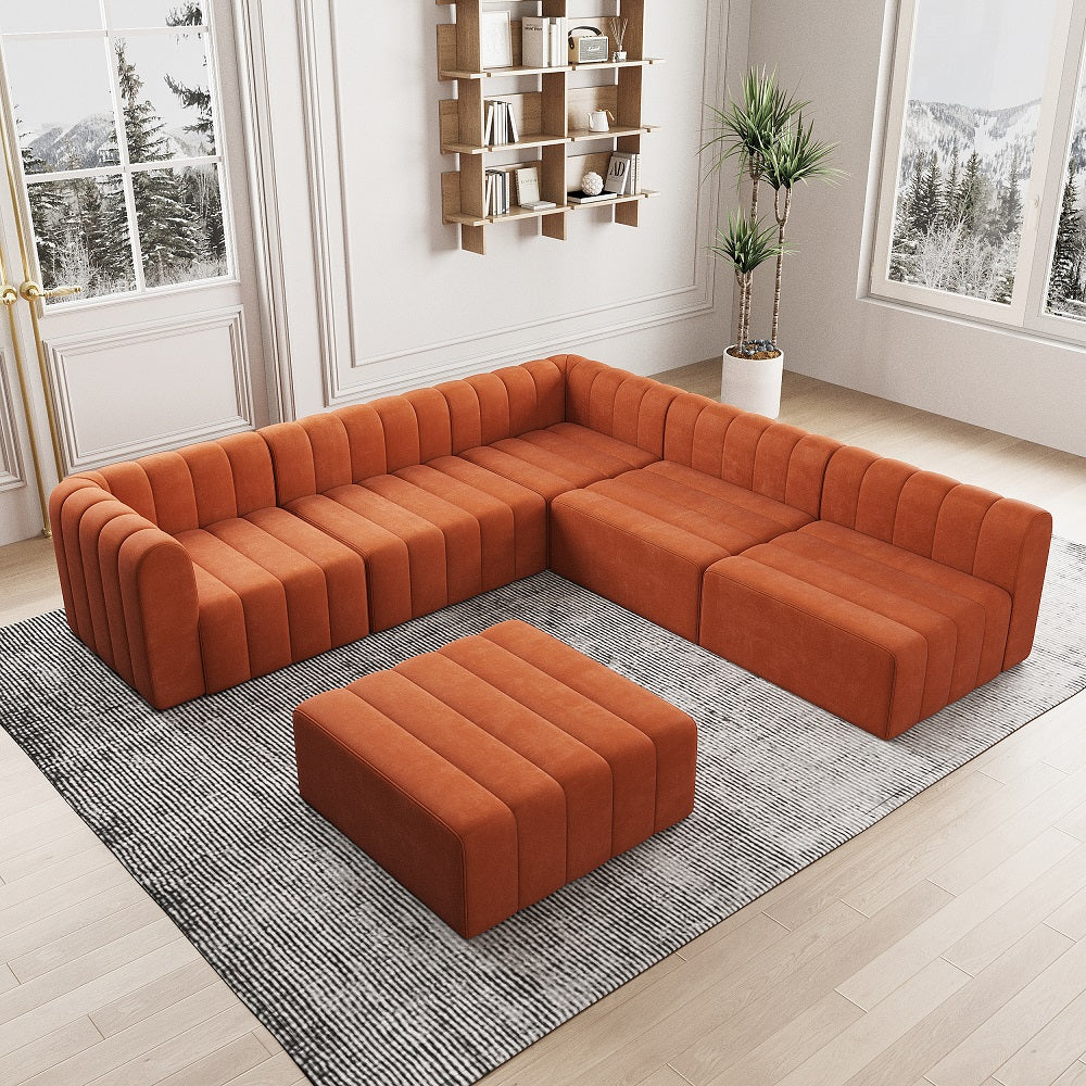 118.9" Velvet Convertible Modular Sectional Sofa Orange Upholstered 6-Seater Sofa Set